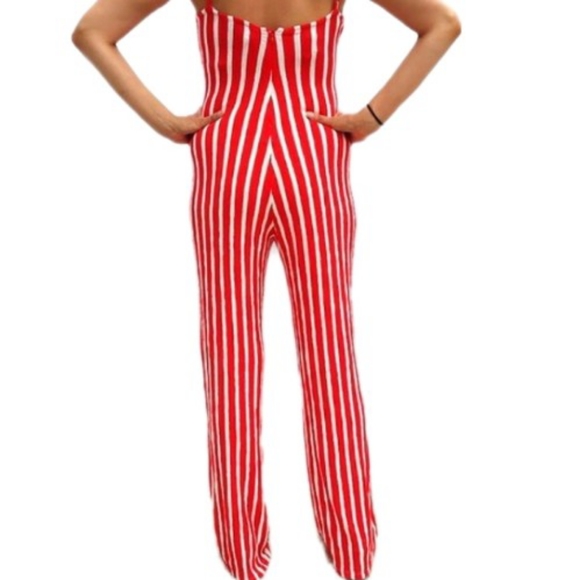 AKIRA Belted Spaghetti Strap V-Neck Jumpsuit Candy Cane Red White Size Small - Picture 5 of 8